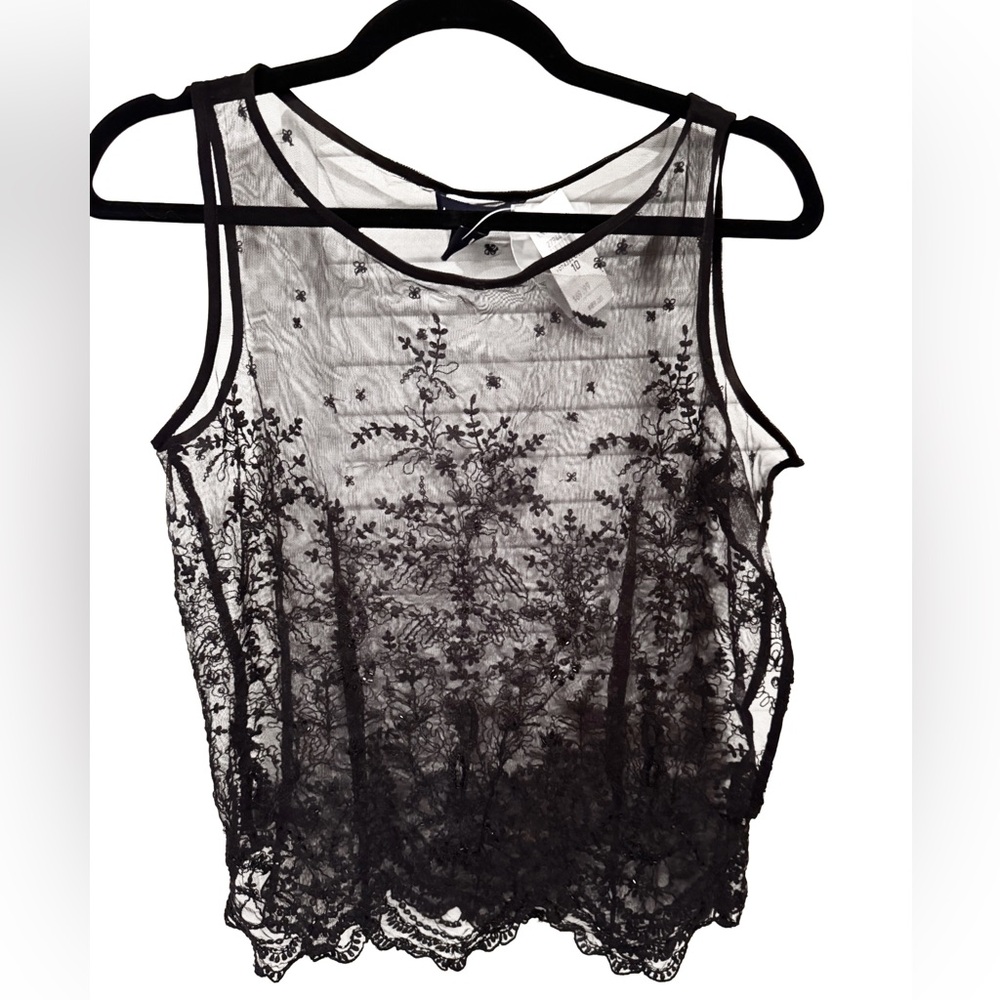 Ann Taylor Black Sheer Lace Blouse with side snaps and beading